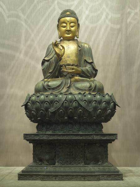 青銅鎏金坐佛三尊像