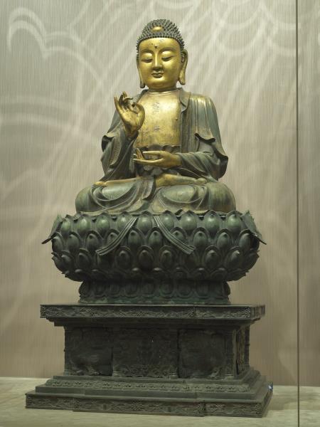 青銅鎏金坐佛三尊像