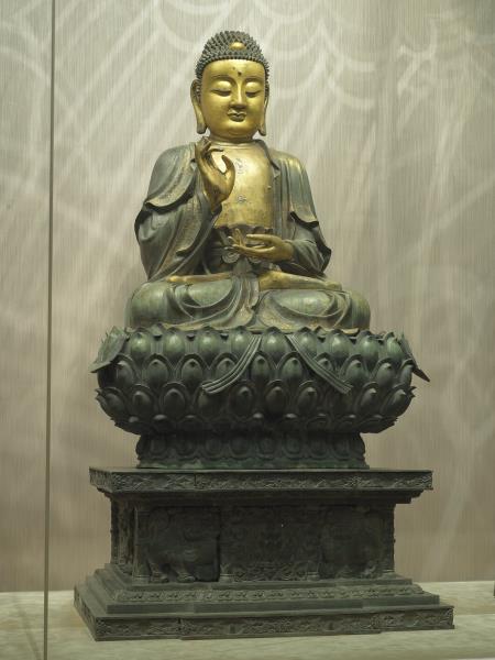 青銅鎏金坐佛三尊像