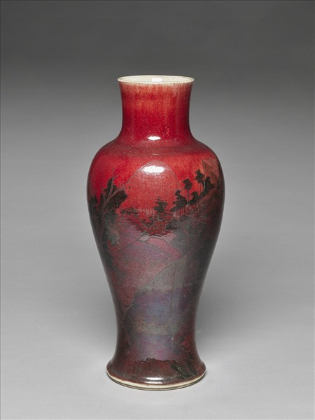 寶石紅釉墨彩山水圖梅瓶