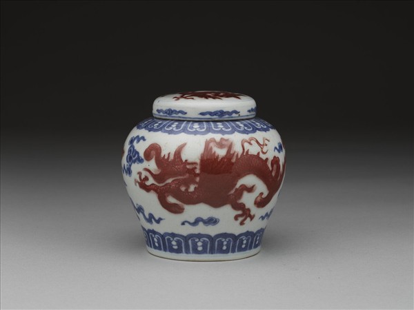 「天」字款青花釉裡紅夔龍紋蓋罐