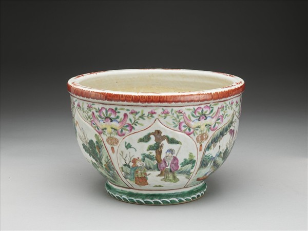 粉彩開光山水人物圖花盆