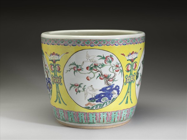 五彩松鶴長春圖花盆