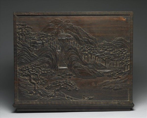 「螺劑含輝」紫檀山水紋木盒