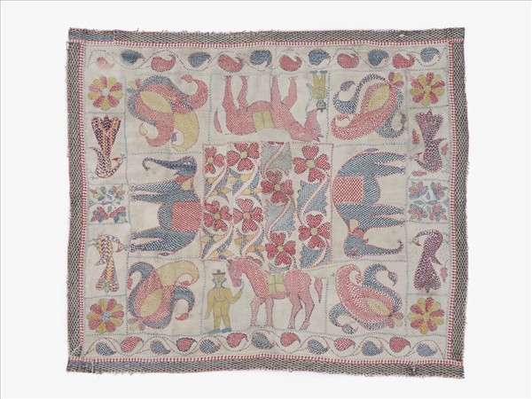 印度 白地人物動物紋刺繡方布