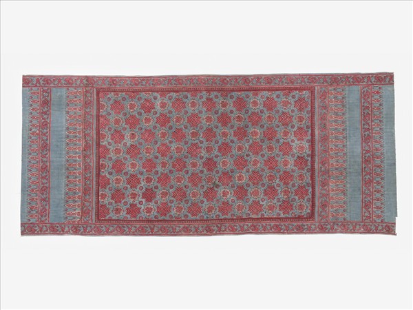 印度 藍地幾何花卉紋繪染布