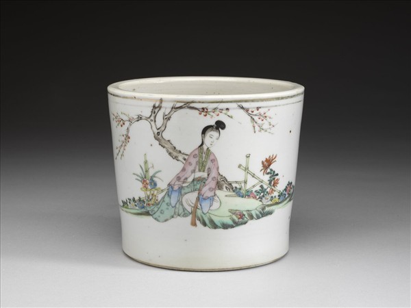 淺絳彩仕女花盆