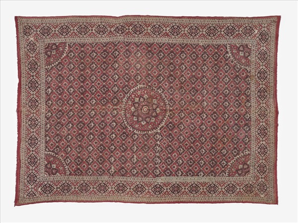 印度 茜地幾何花卉紋繪染布