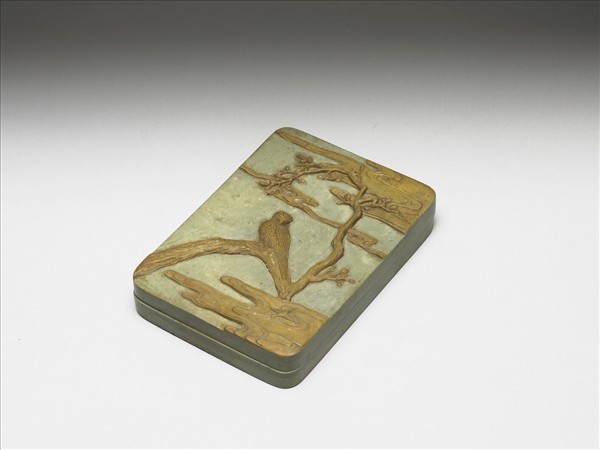 黃夾綠花鳥石硯盒