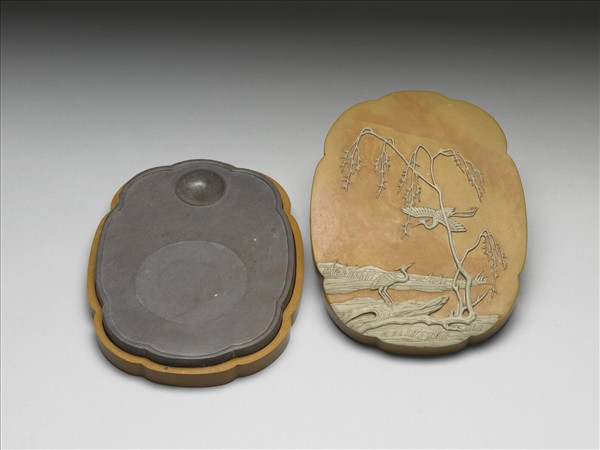 松花石柳塘雙鷺圖硯