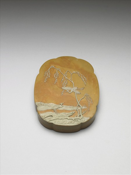 松花石柳塘雙鷺圖硯盒