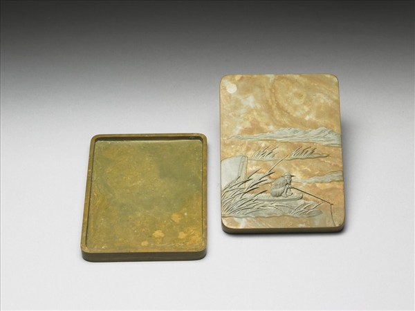 松花石月下獨釣圖硯盒