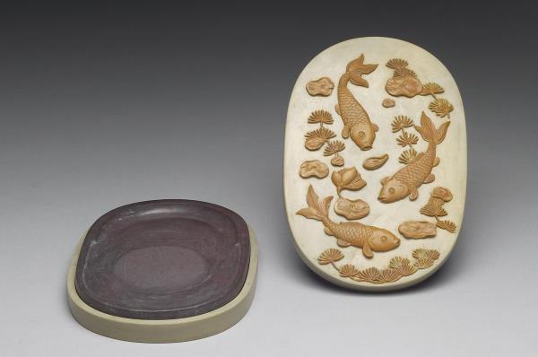 松花石魚藻圖硯