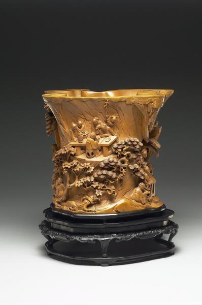 黃楊木雕西園雅集筆筒