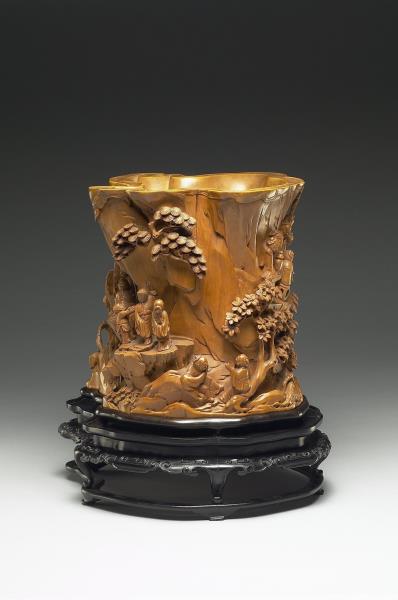 黃楊木雕西園雅集筆筒