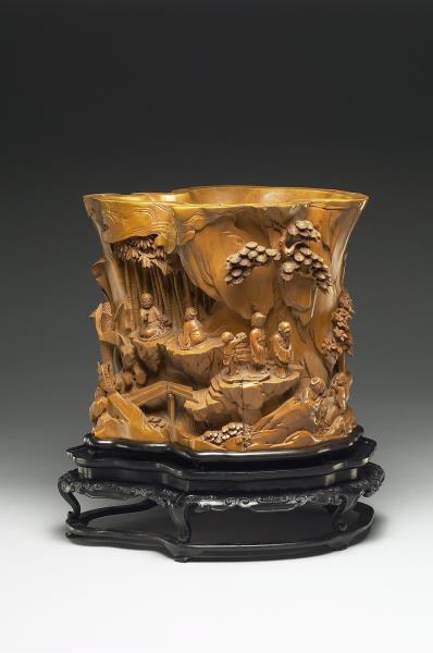 黃楊木雕西園雅集筆筒