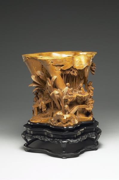 黃楊木雕西園雅集筆筒