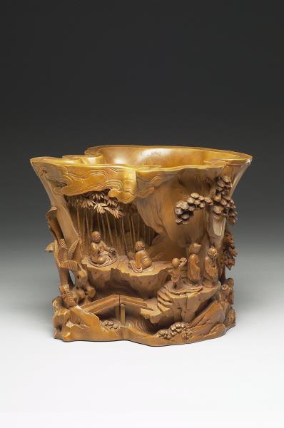 黃楊木雕西園雅集筆筒