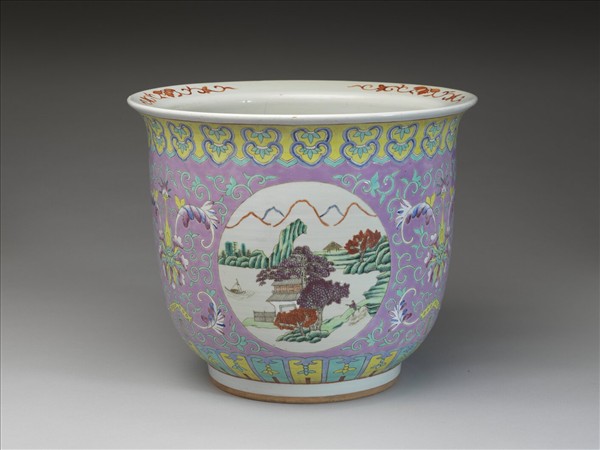 粉彩山水人物圖花盆