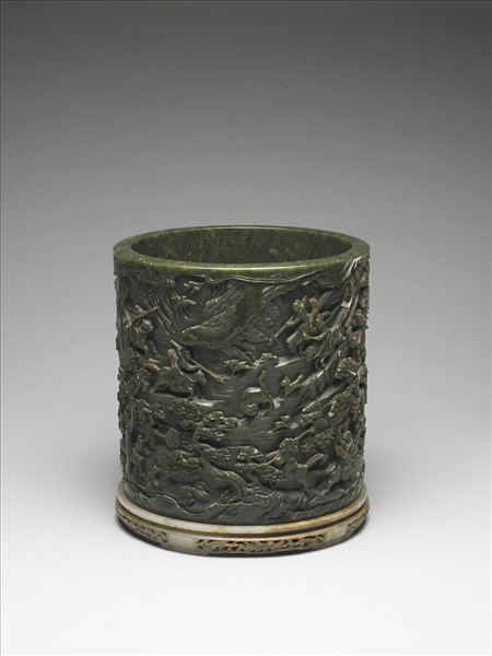 玉秋山獵騎筆筒