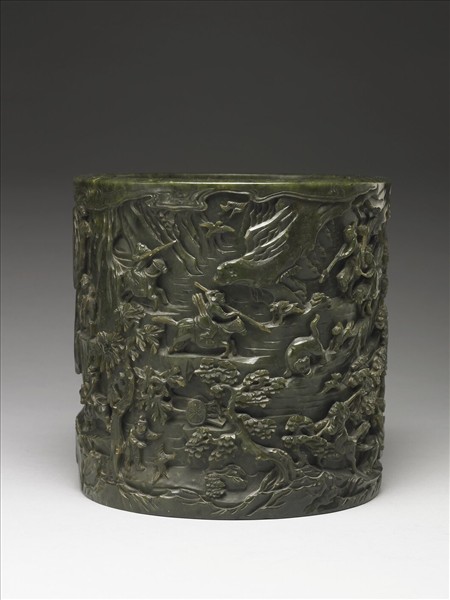 玉秋山獵騎筆筒