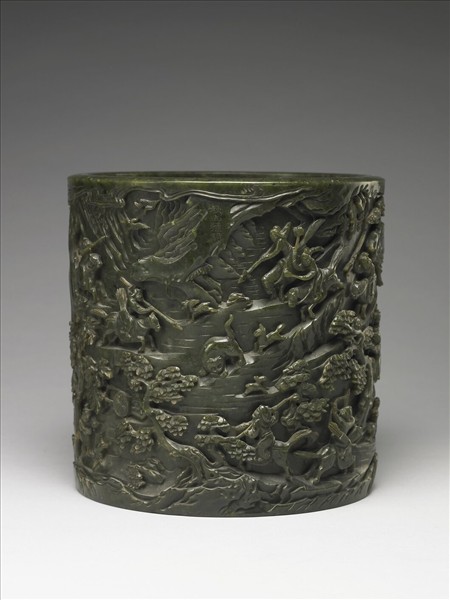 玉秋山獵騎筆筒