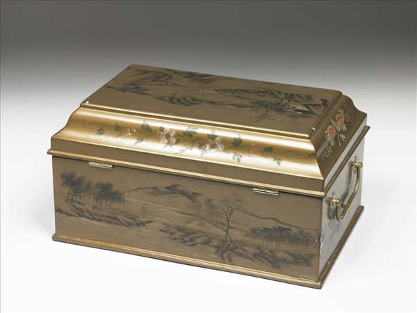 金漆彩繪山水人物長方盒