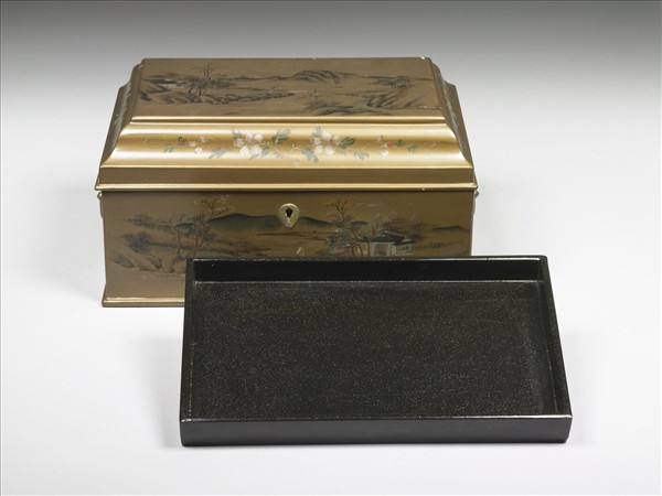 金漆彩繪山水人物長方盒