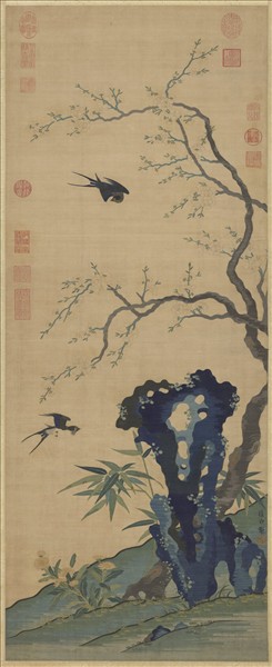 元緙絲崔白杏林春燕　軸