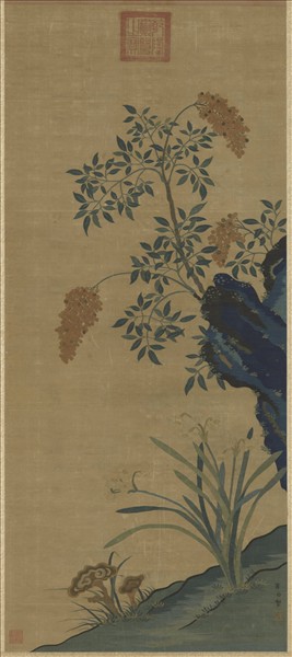 宋緙絲崔白芝仙祝壽　軸