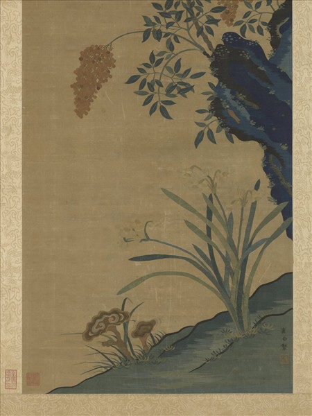 宋緙絲崔白芝仙祝壽　軸