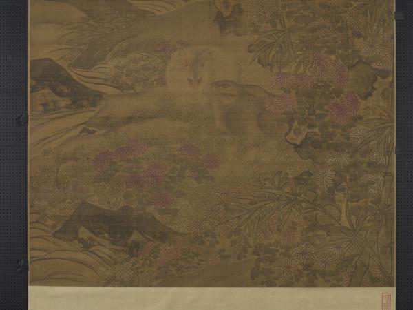 明陶成菊花雙兔圖　軸