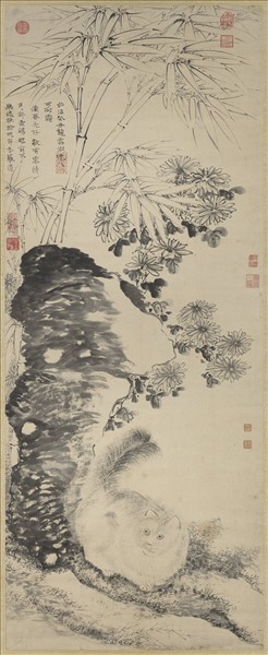 明陶成菊石戲貓圖　軸