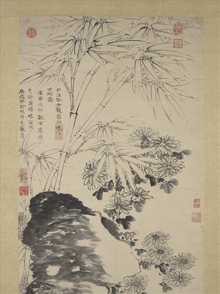 明陶成菊石戲貓圖　軸