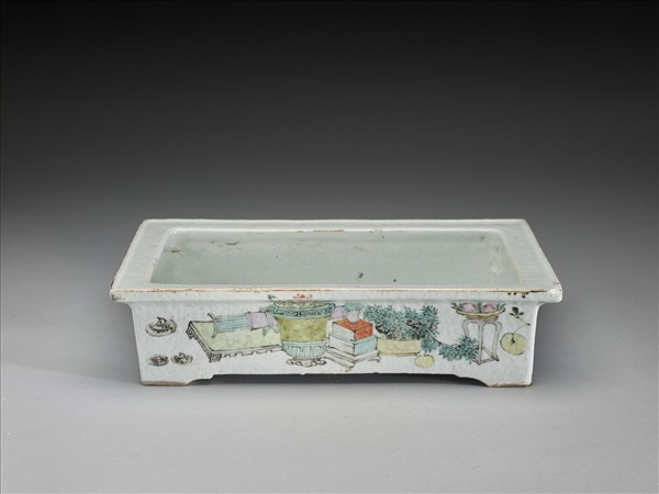 粉彩花鳥博古圖長方盆