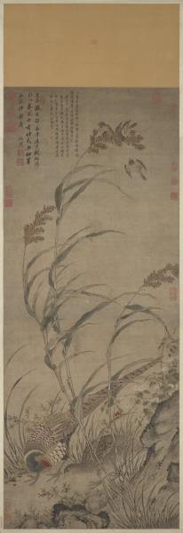 明呂紀畫草花野禽　軸