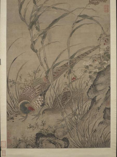 明呂紀畫草花野禽　軸