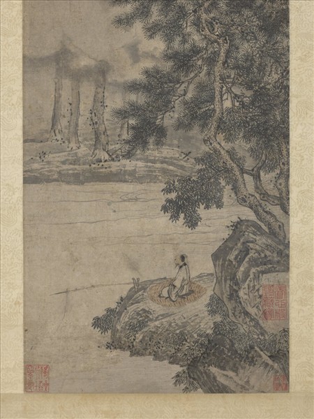 明唐寅松溪獨釣圖　軸