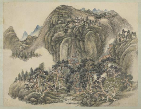 清弘旿畫山水（一）　冊　閣道飛泉