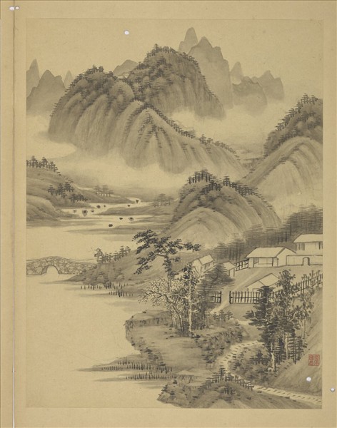 清強國忠畫山水甲　冊　籬院石橋