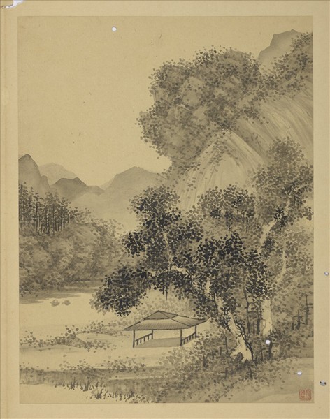 清強國忠畫山水甲　冊　蒼樹孤亭