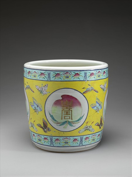 粉彩黃地壽桃紋花盆