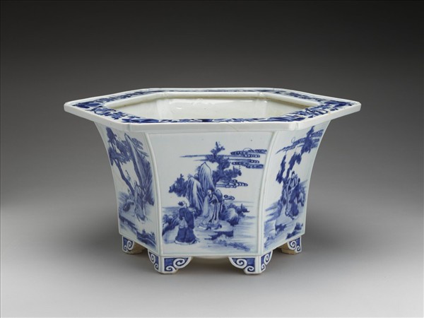 青花人物圖六方花盆