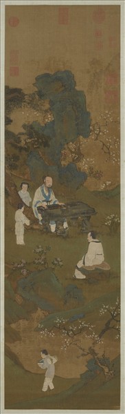 明仇英梅石撫琴圖　軸