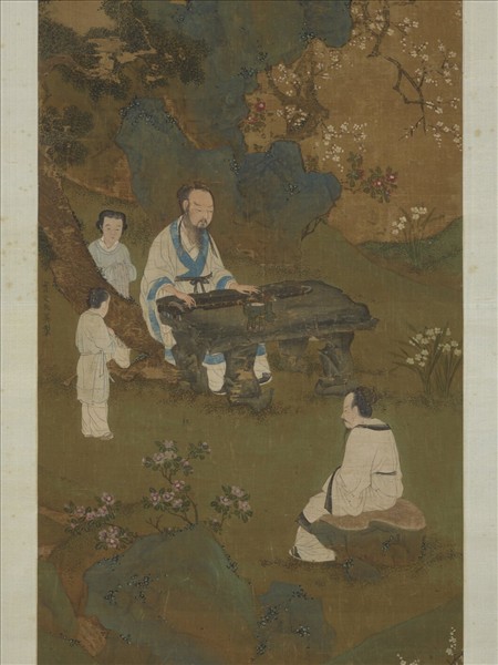 明仇英梅石撫琴圖　軸