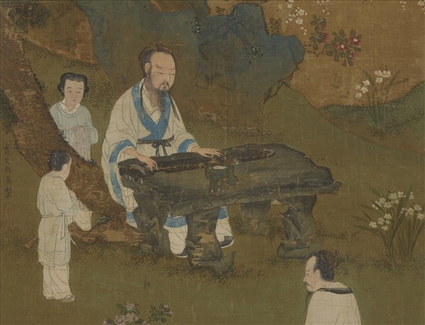 明仇英梅石撫琴圖　軸