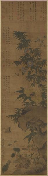 明周之冕花竹鵪鶉　軸