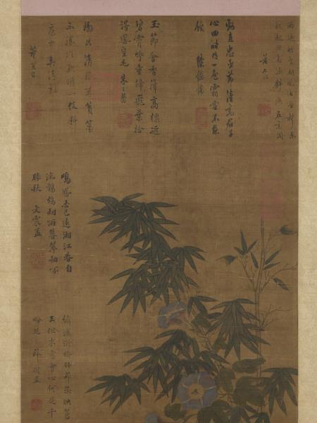 明周之冕花竹鵪鶉　軸