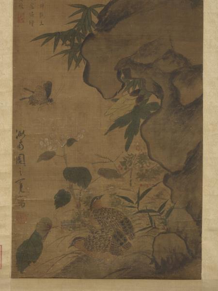 明周之冕花竹鵪鶉　軸