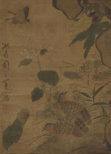 明周之冕花竹鵪鶉　軸